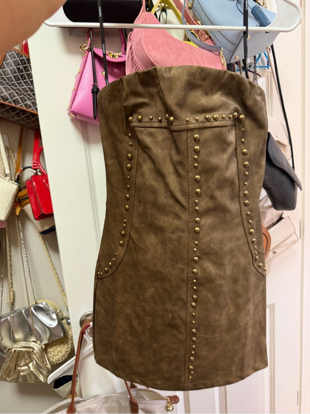Strapless Studded Faux-Suede Mini Dress - Brown